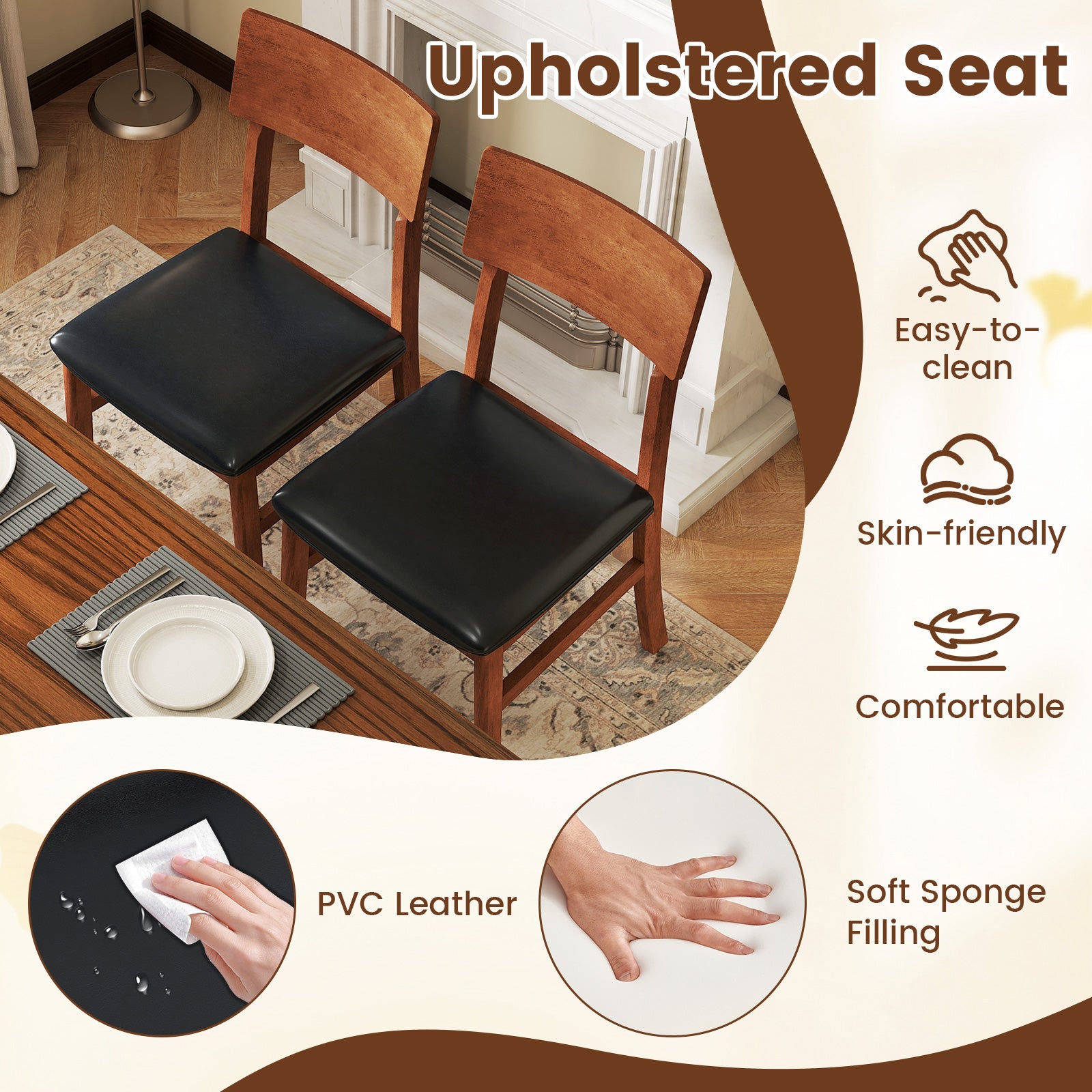 Dining Chairs Set of 2 with Rubber Wood Legs and Faux Leather Upholstered Seat, Black Dining Chairs at Gallery Canada