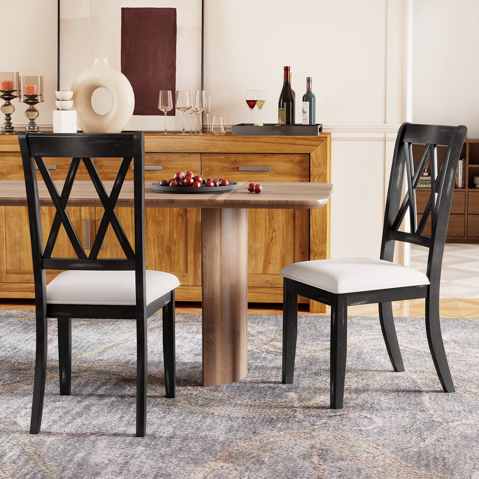 Dining Chairs Set of 2 Kitchen Side Chairs with Curved Cross Back, Beige Dining Chairs at Gallery Canada