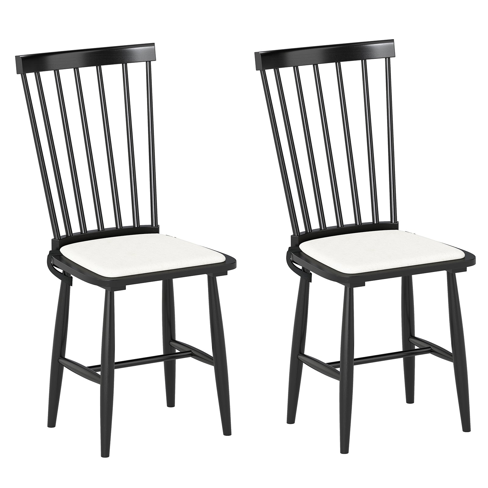 Dining Chairs Set of 2 Farmhouse Solid Rubber Wood Windsor Chairs with Removable Seat Cushions, Black Dining Chairs Black at Gallery Canada