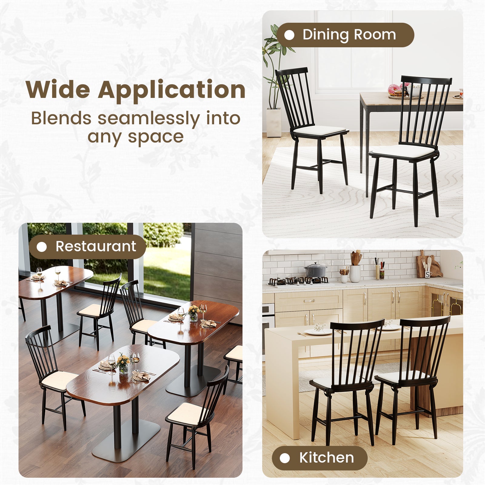 Dining Chairs Set of 2 Farmhouse Solid Rubber Wood Windsor Chairs with Removable Seat Cushions, Black Dining Chairs at Gallery Canada