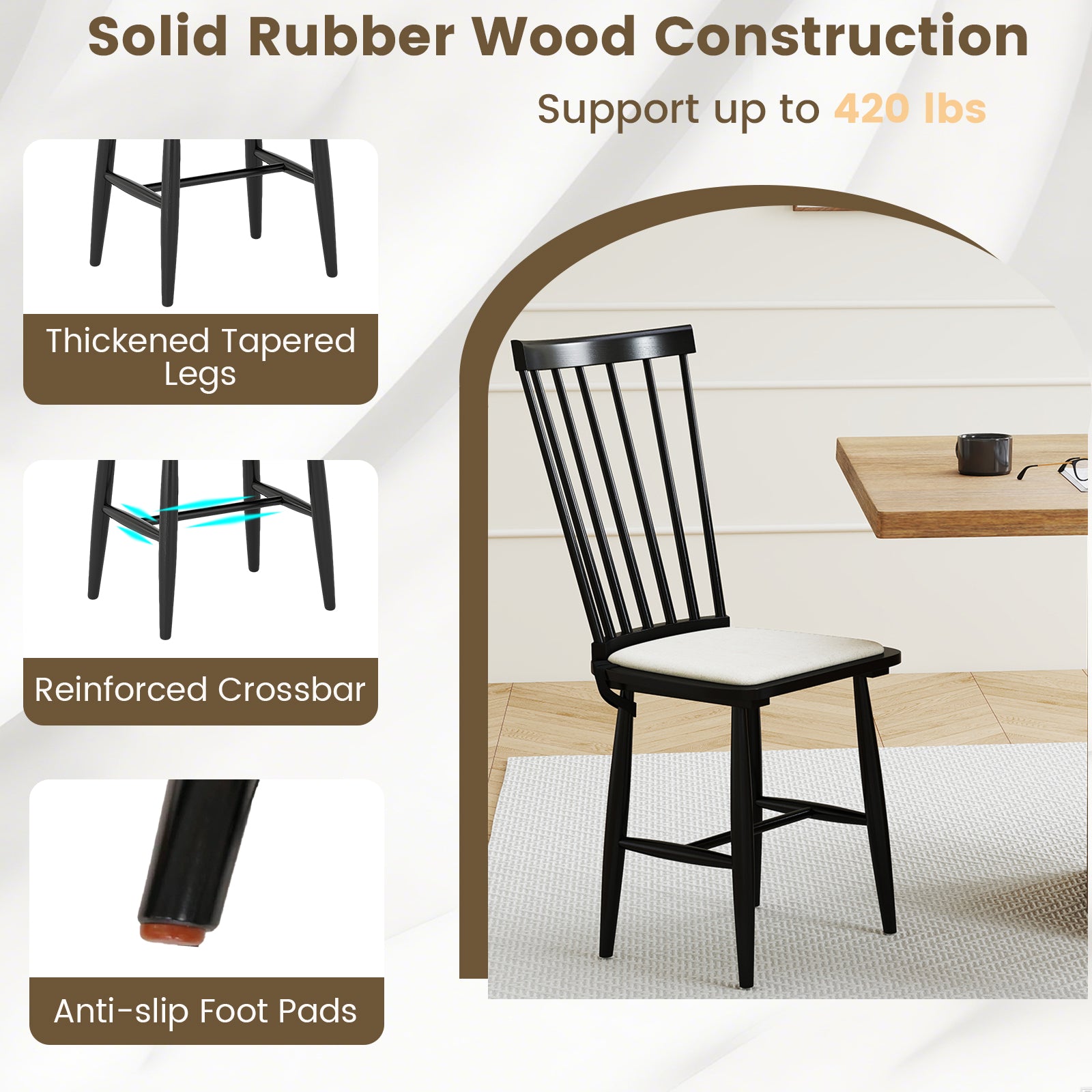 Dining Chairs Set of 2 Farmhouse Solid Rubber Wood Windsor Chairs with Removable Seat Cushions, Black Dining Chairs at Gallery Canada