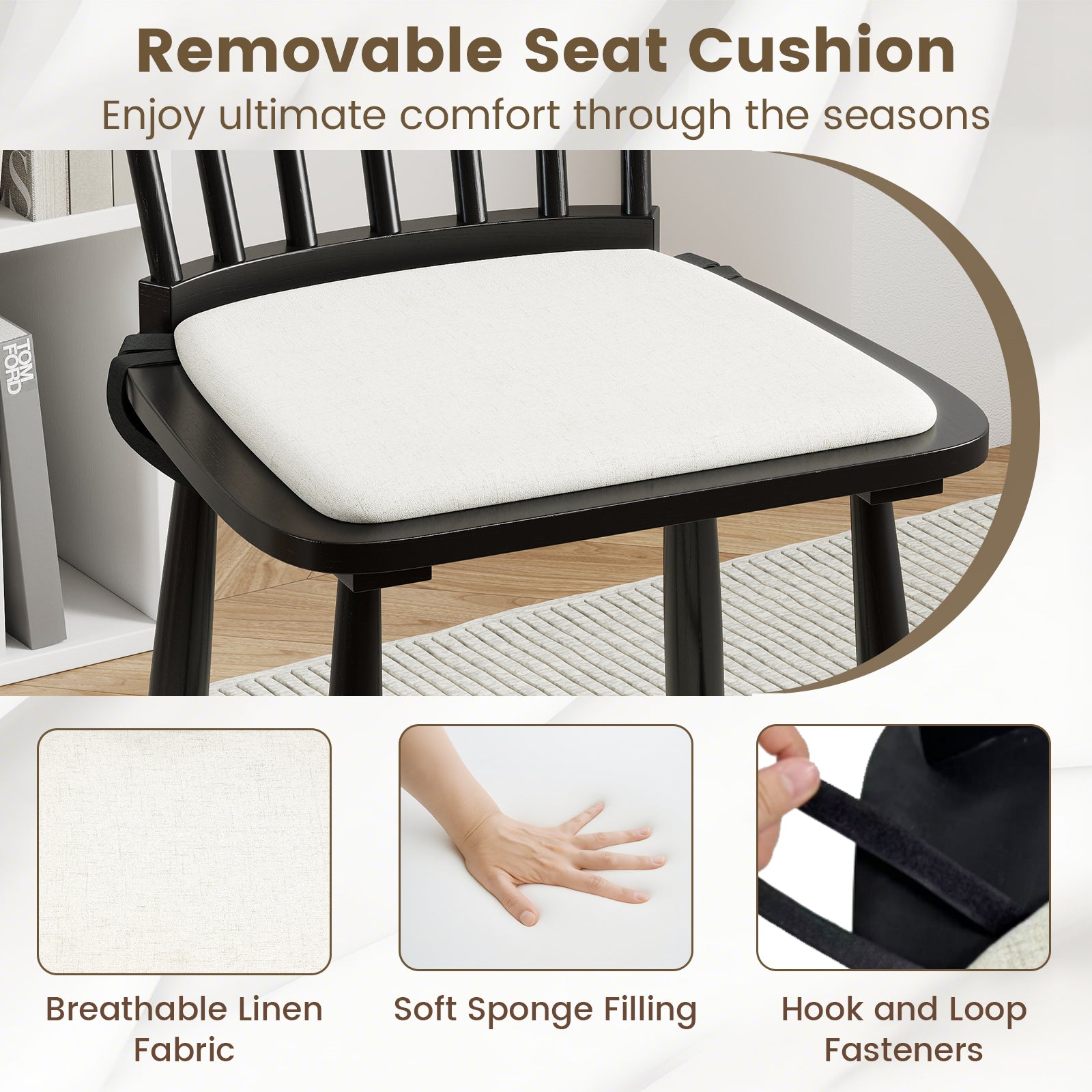 Dining Chairs Set of 2 Farmhouse Solid Rubber Wood Windsor Chairs with Removable Seat Cushions, Black Dining Chairs at Gallery Canada