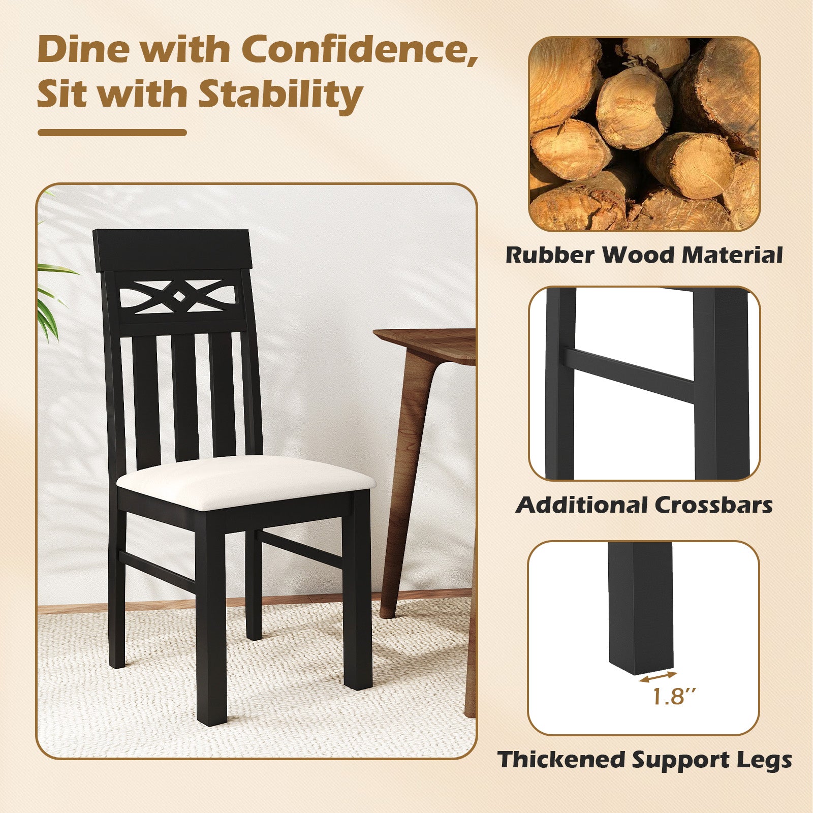 Dining Chairs Set of 2 High Back Dining Room Chairs with Padded Seat and Rubber Wood Frame, Black Dining Chairs at Gallery Canada