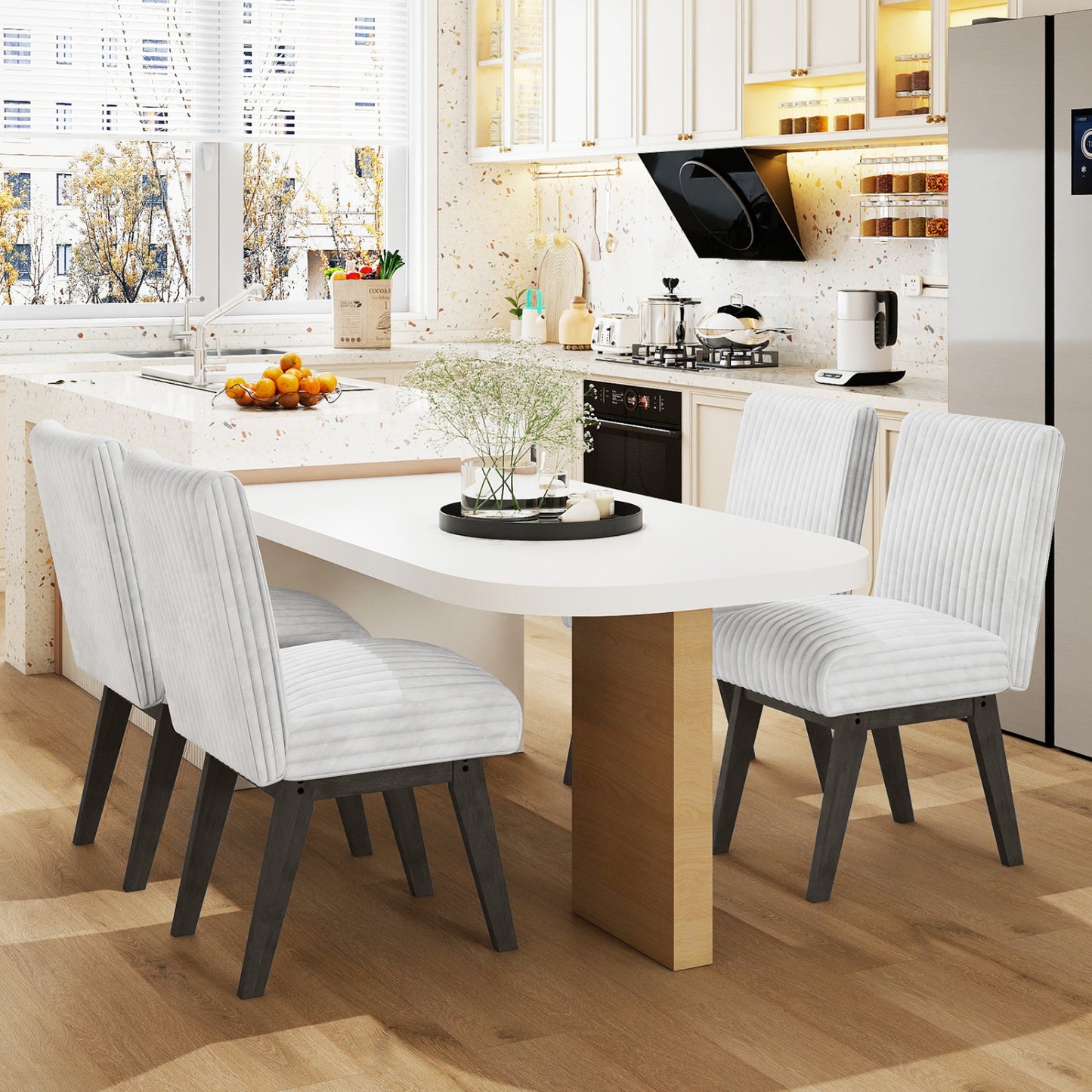 Dining Chairs Set of 2/4 Fabric Upholstered Kitchen Chairs w/ Padded Seat Rubber Wood Legs & Channel Tufted Backrest Modern Armless Side Chairs for Living Room Dining Room Restaurant, Black & Gray Dining Chairs at Gallery Canada