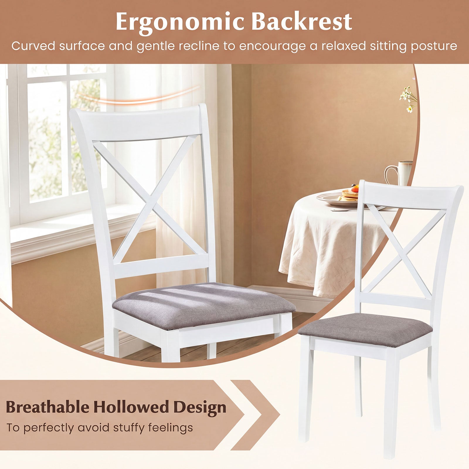 Rubber Wood Dining Chairs Set of 2, Comfortable Backrest and Padded Seat, White Dining Chairs at Gallery Canada