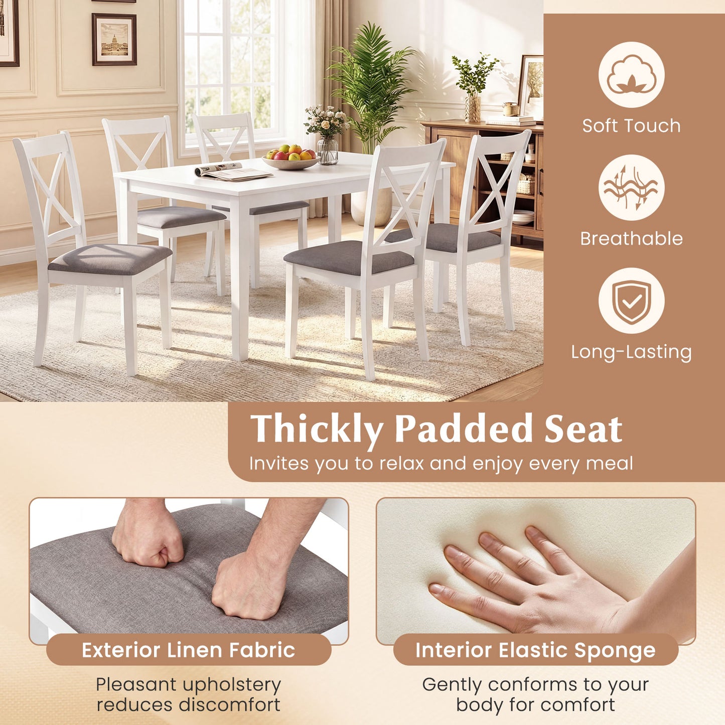 Rubber Wood Dining Chairs Set of 2, Comfortable Backrest and Padded Seat, White Dining Chairs at Gallery Canada
