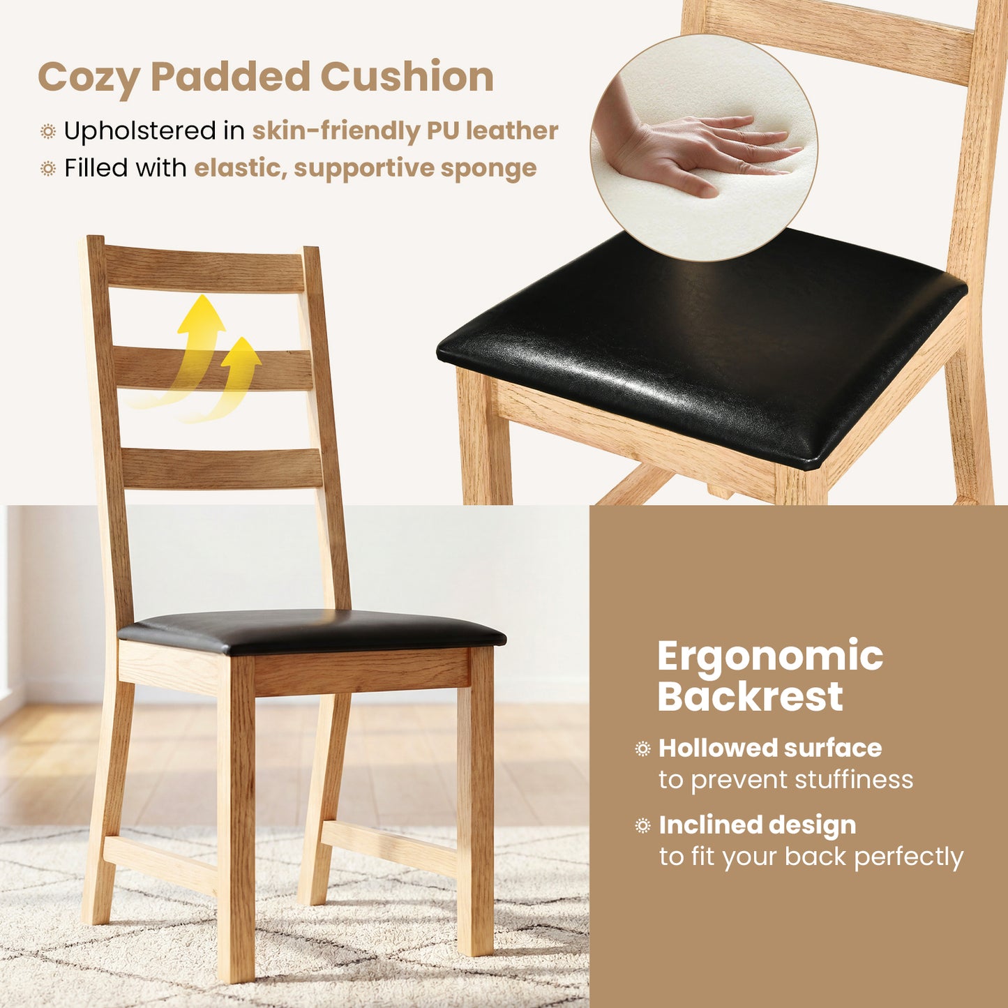 Farmhouse Dining Chairs Set Of 2, Hollowed Backrest, Natural Dining Chairs at Gallery Canada