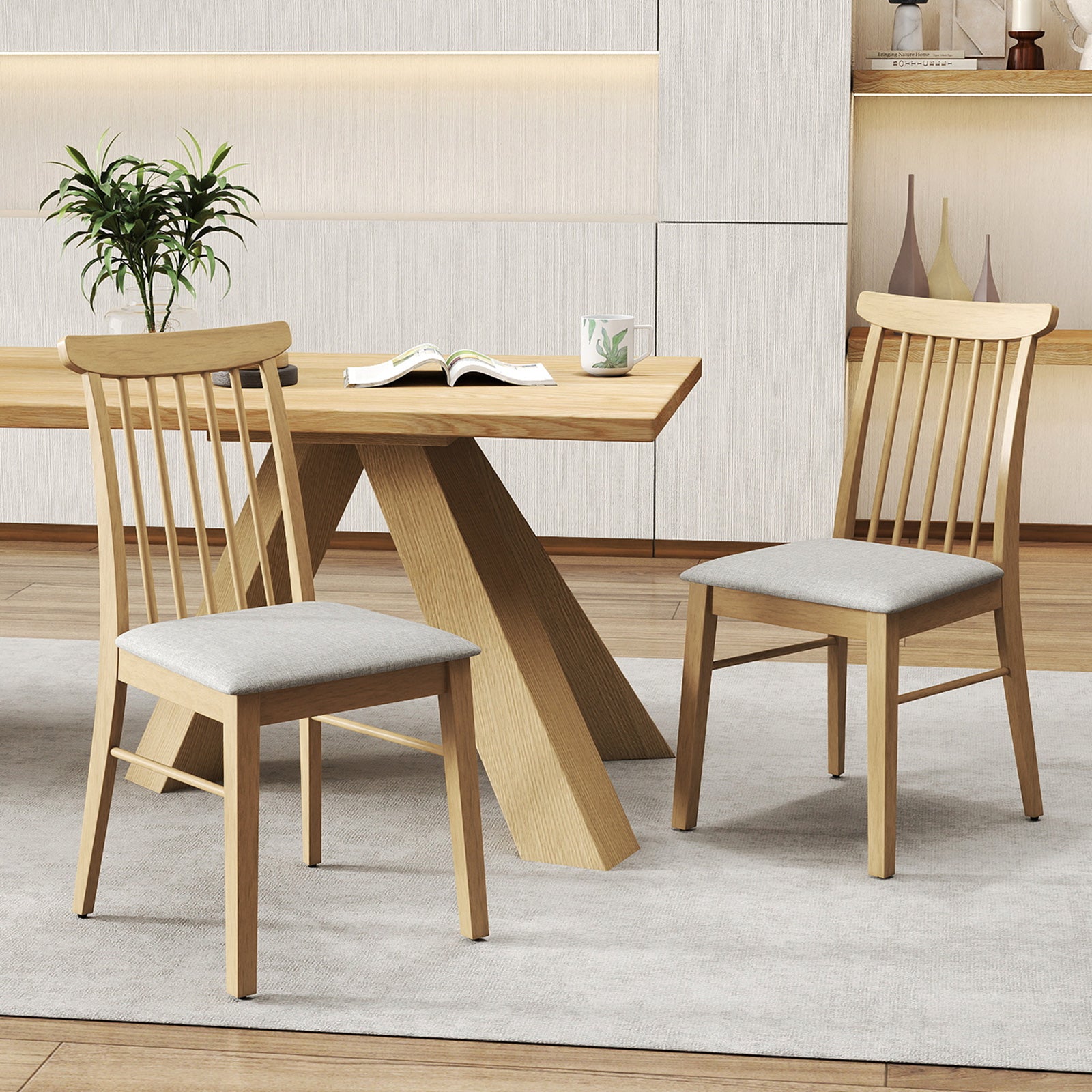 Fabric Upholstered Dining Chairs, Set of 2, Rubber Wood Frame, Natural