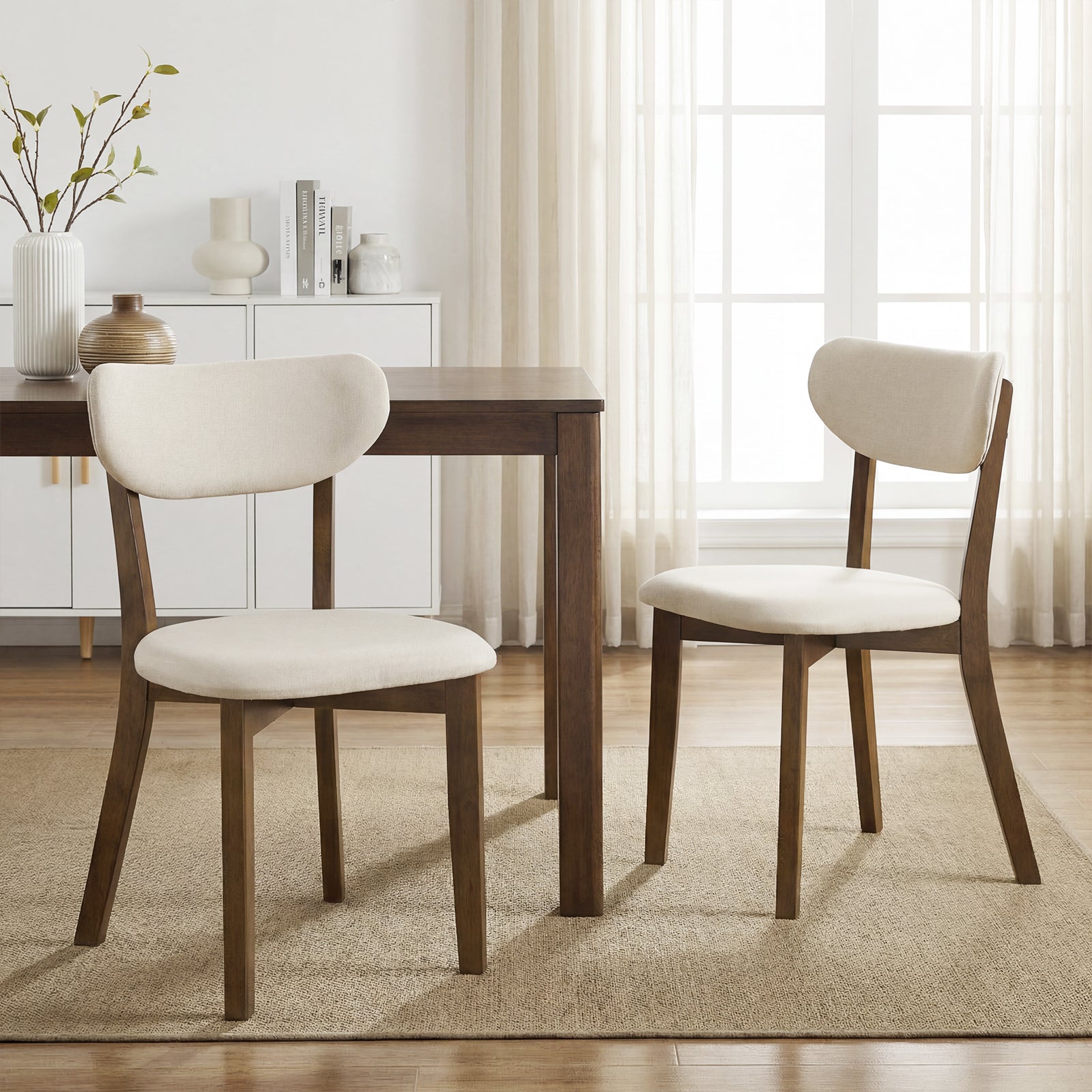 Upholstered Mid-Back Dining Chairs, Set of 2, Solid Rubber Wood Frame, White Dining Chairs White at Gallery Canada