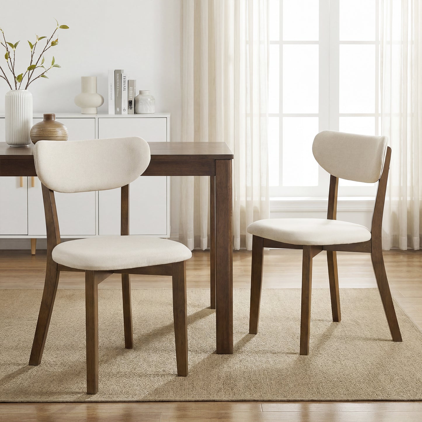 Upholstered Mid-Back Dining Chairs, Set of 2, Solid Rubber Wood Frame, White Dining Chairs at Gallery Canada