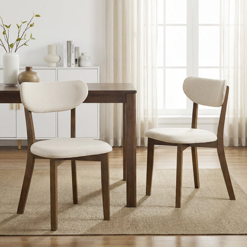 Upholstered Mid-Back Dining Chairs, Set of 2, Solid Rubber Wood Frame, White