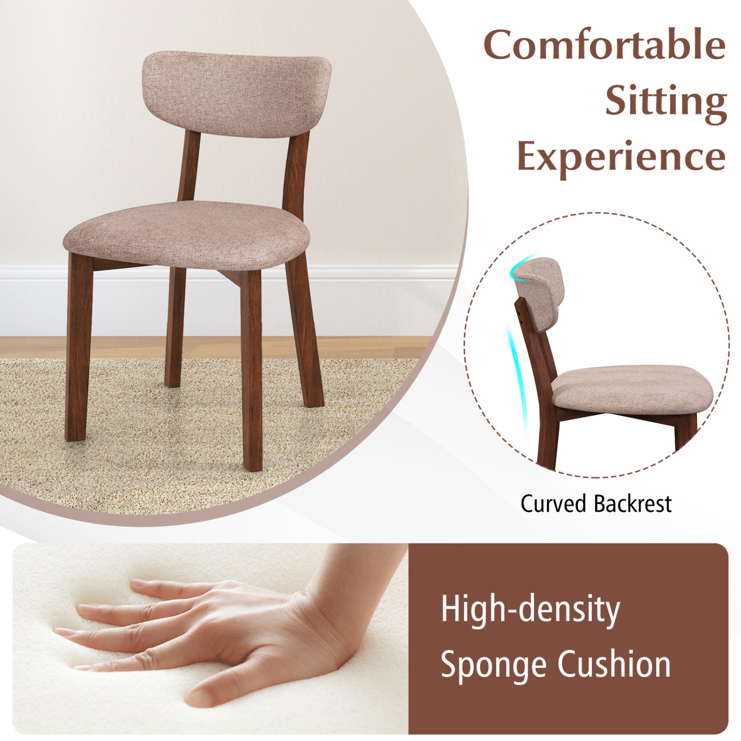 Upholstered Dining Chairs, Set of 2, Mid-Back, Solid Rubber Wood Frame, Beige Dining Chairs at Gallery Canada
