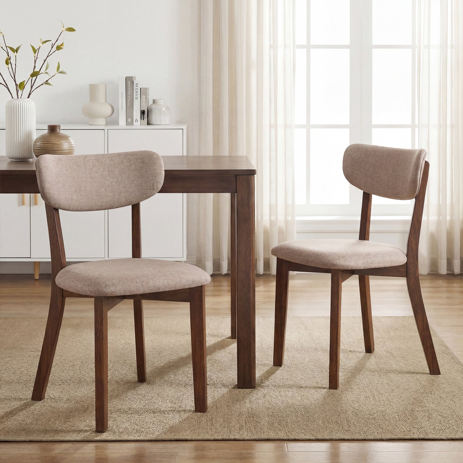 Upholstered Dining Chairs, Set of 2, Mid-Back, Solid Rubber Wood Frame, Beige Dining Chairs at Gallery Canada