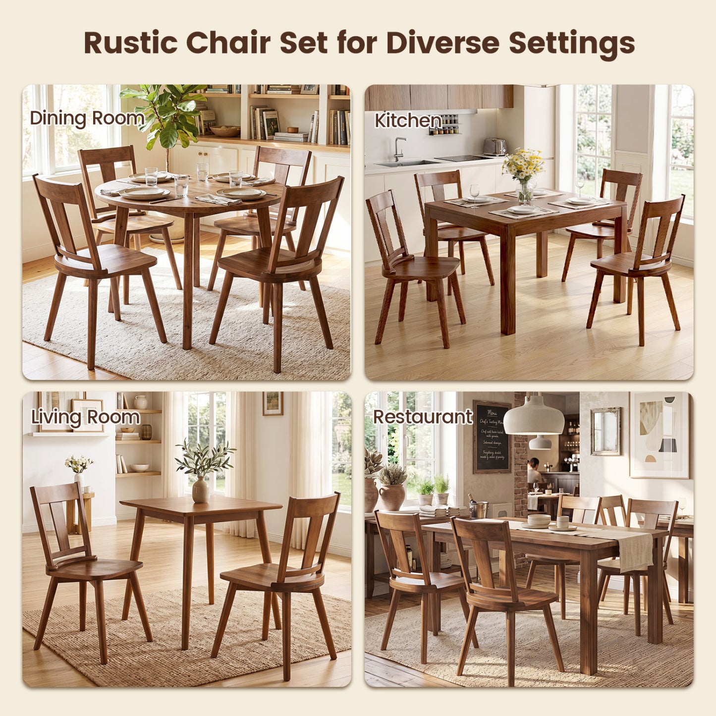 Dining Chairs Set of 4, Solid Wood Backrest, Walnut