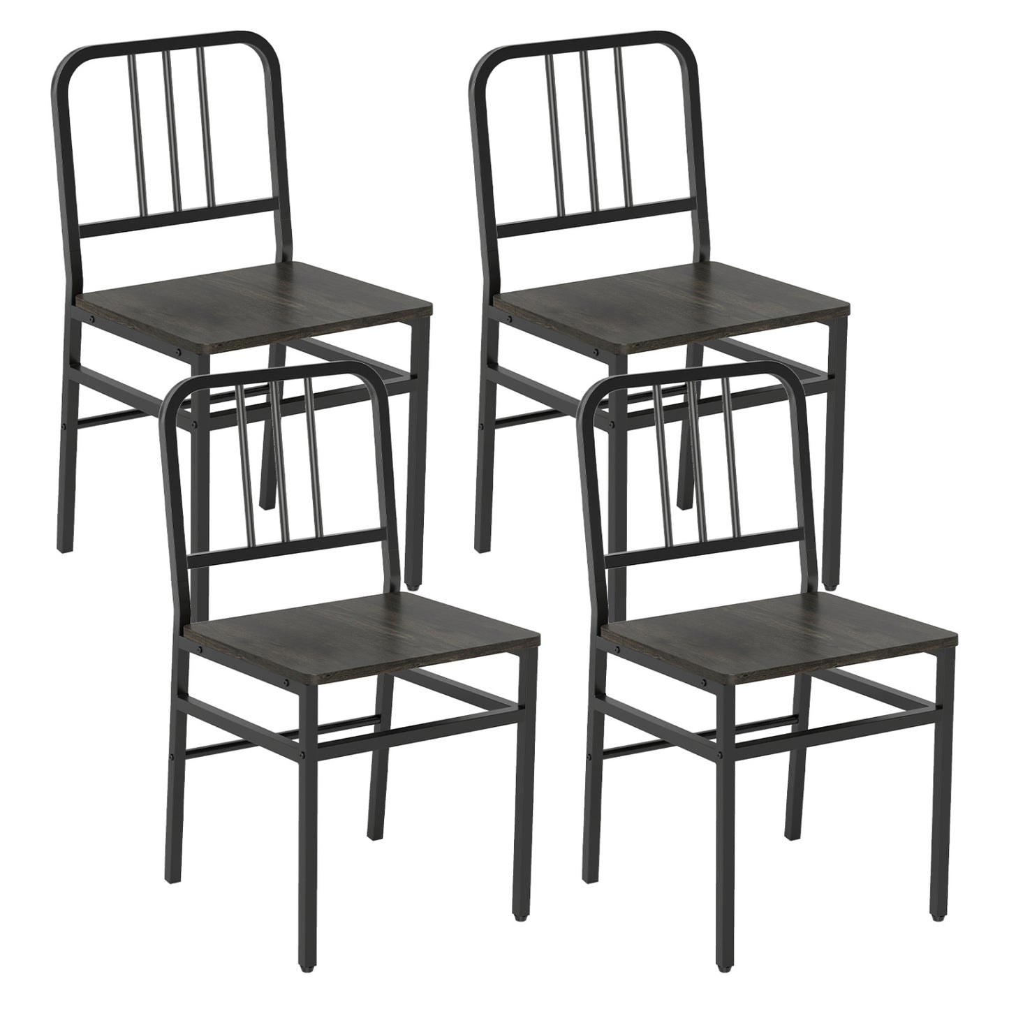 Ensemble de 4 chaises de salle à manger, dossier à lattes, cadre en métal, siège en bois, gris