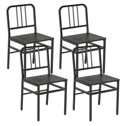 Ensemble de 4 chaises de salle à manger, dossier à lattes, cadre en métal, siège en bois, gris