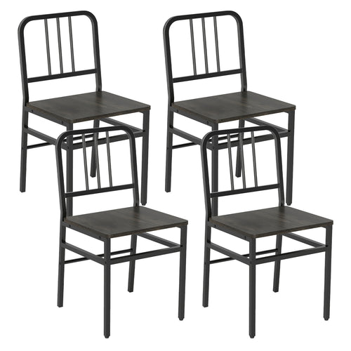 Dining Chairs Set of 4, Slatted Backrest, Metal Frame, Wooden Seat, Gray