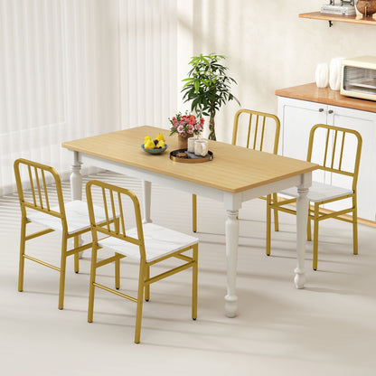 Ensemble de 4 chaises de salle à manger, dossier à lattes, cadre en métal, siège en bois, blanc