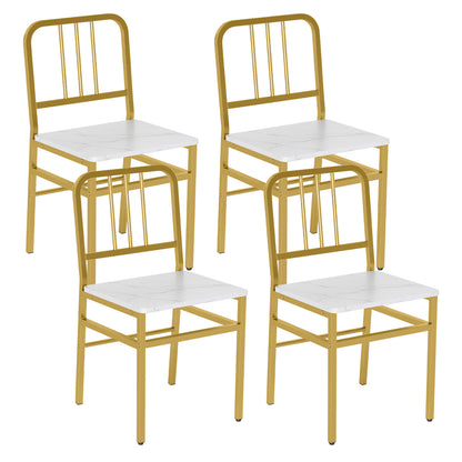 Ensemble de 4 chaises de salle à manger, dossier à lattes, cadre en métal, siège en bois, blanc