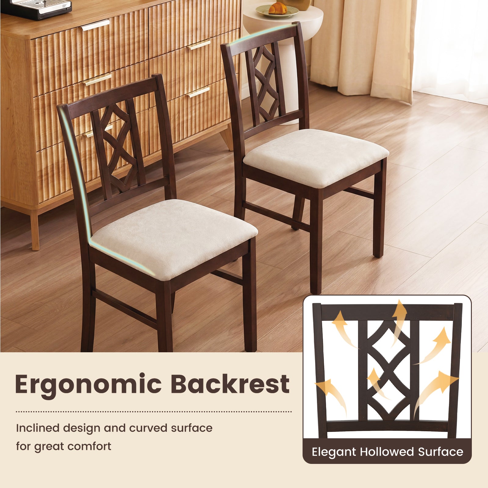 2-Piece Rubber Wood Dining Chairs, Hollowed Backrest, Walnut Dining Chairs at Gallery Canada