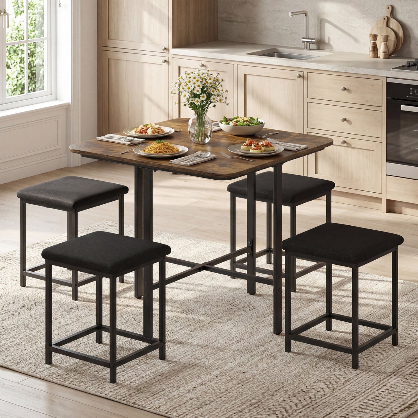 Dining Table Set with 4 Upholstered Stools and Metal Frame, Rustic Brown Dining Room Sets at Gallery Canada