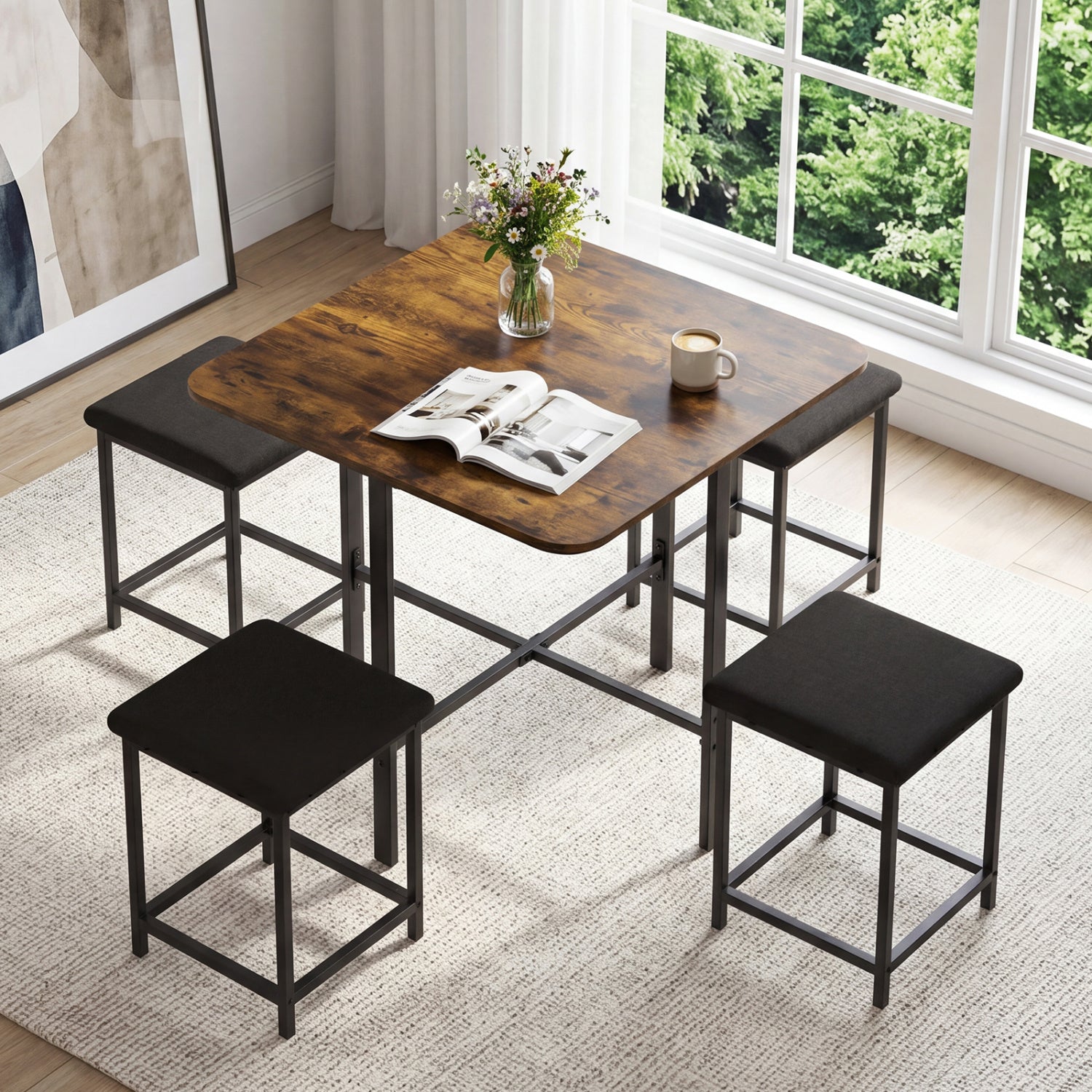 Dining Table Set with 4 Upholstered Stools and Metal Frame, Rustic Brown Dining Room Sets at Gallery Canada