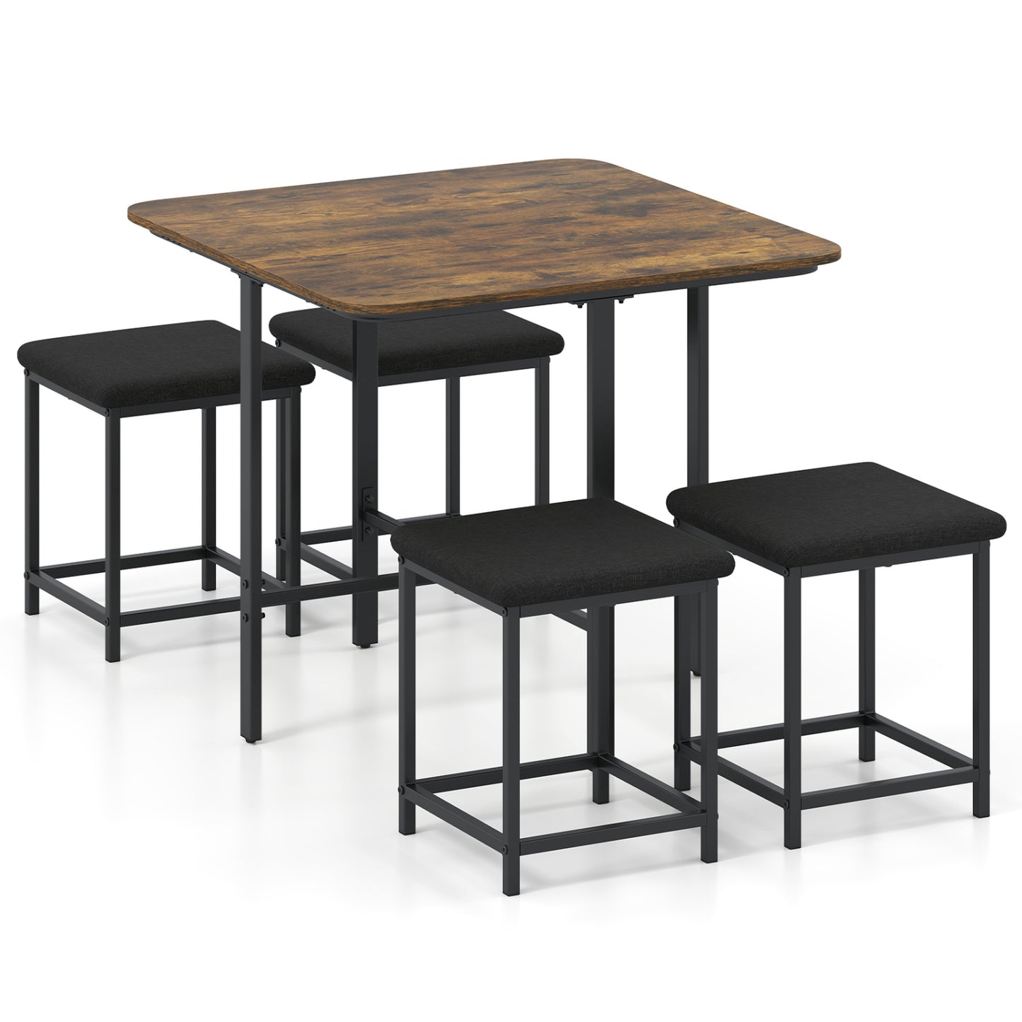 Dining Table Set with 4 Upholstered Stools and Metal Frame, Rustic Brown Dining Room Sets Rustic Brown at Gallery Canada