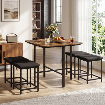 Dining Table Set with 4 Upholstered Stools and Metal Frame, Rustic Brown Dining Room Sets at Gallery Canada