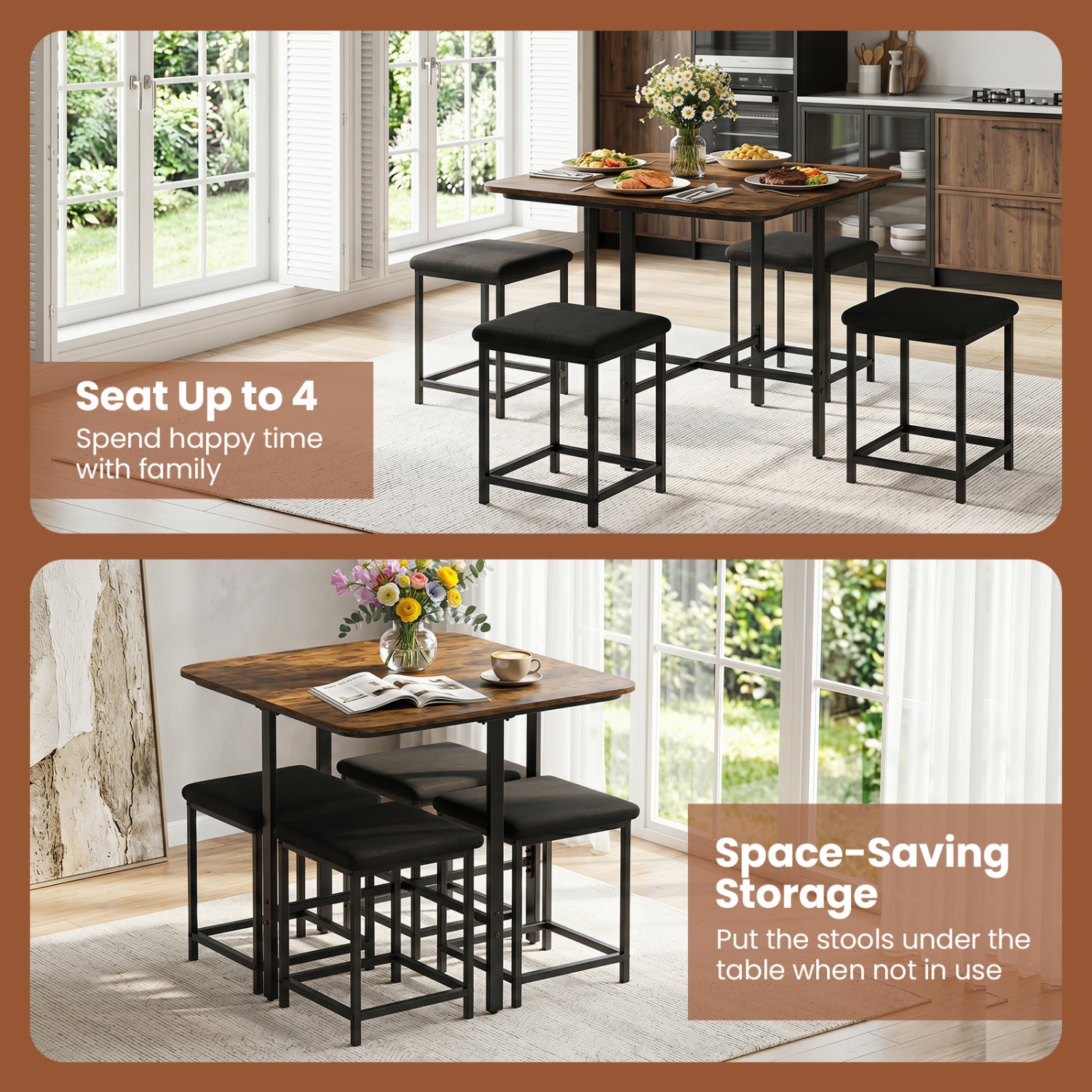 Dining Table Set with 4 Upholstered Stools and Metal Frame, Rustic Brown Dining Room Sets at Gallery Canada