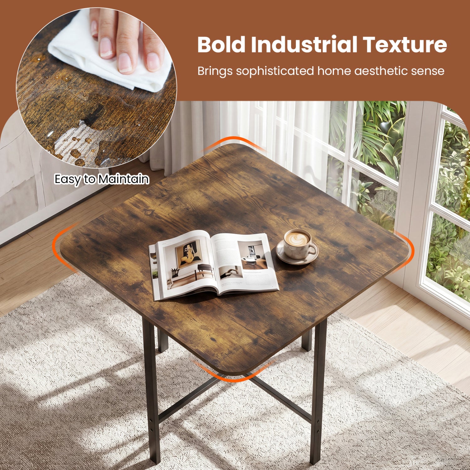 Dining Table Set with 4 Upholstered Stools and Metal Frame, Rustic Brown Dining Room Sets at Gallery Canada