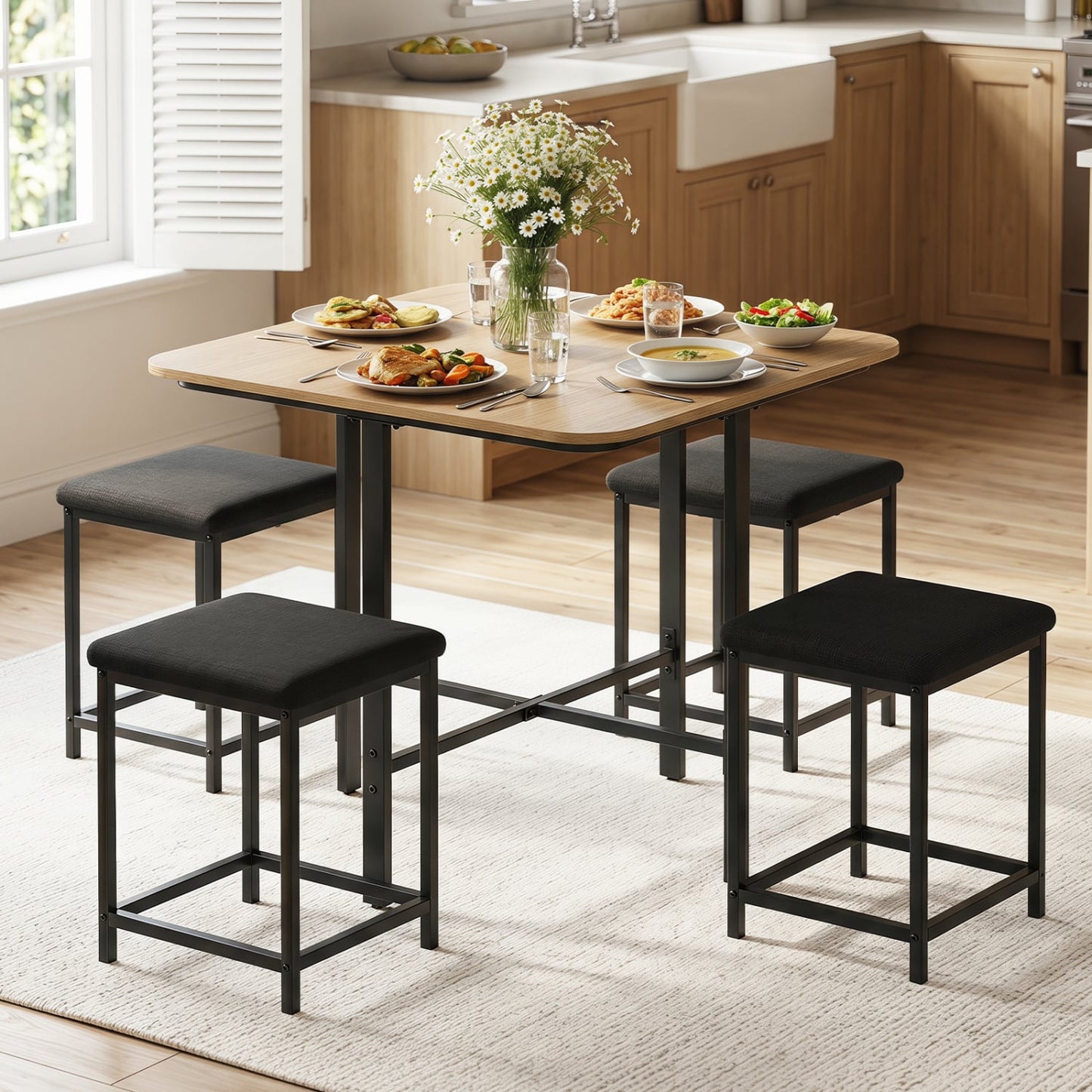 Dining Table Set with 4 Upholstered Stools and Metal Frame, Natural & Black