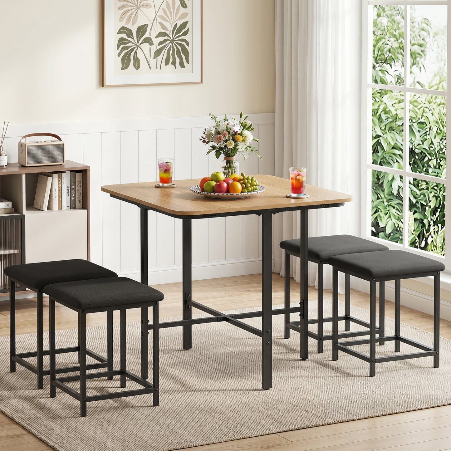 Dining Table Set with 4 Upholstered Stools and Metal Frame, Natural & Black