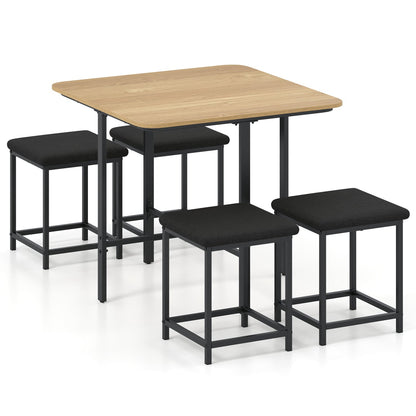Dining Table Set with 4 Upholstered Stools and Metal Frame, Natural & Black