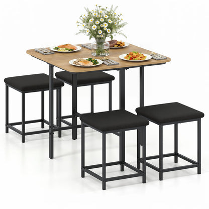 Dining Table Set with 4 Upholstered Stools and Metal Frame, Natural & Black