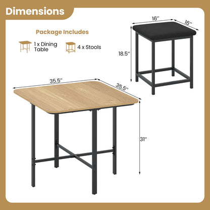 Dining Table Set with 4 Upholstered Stools and Metal Frame, Natural & Black