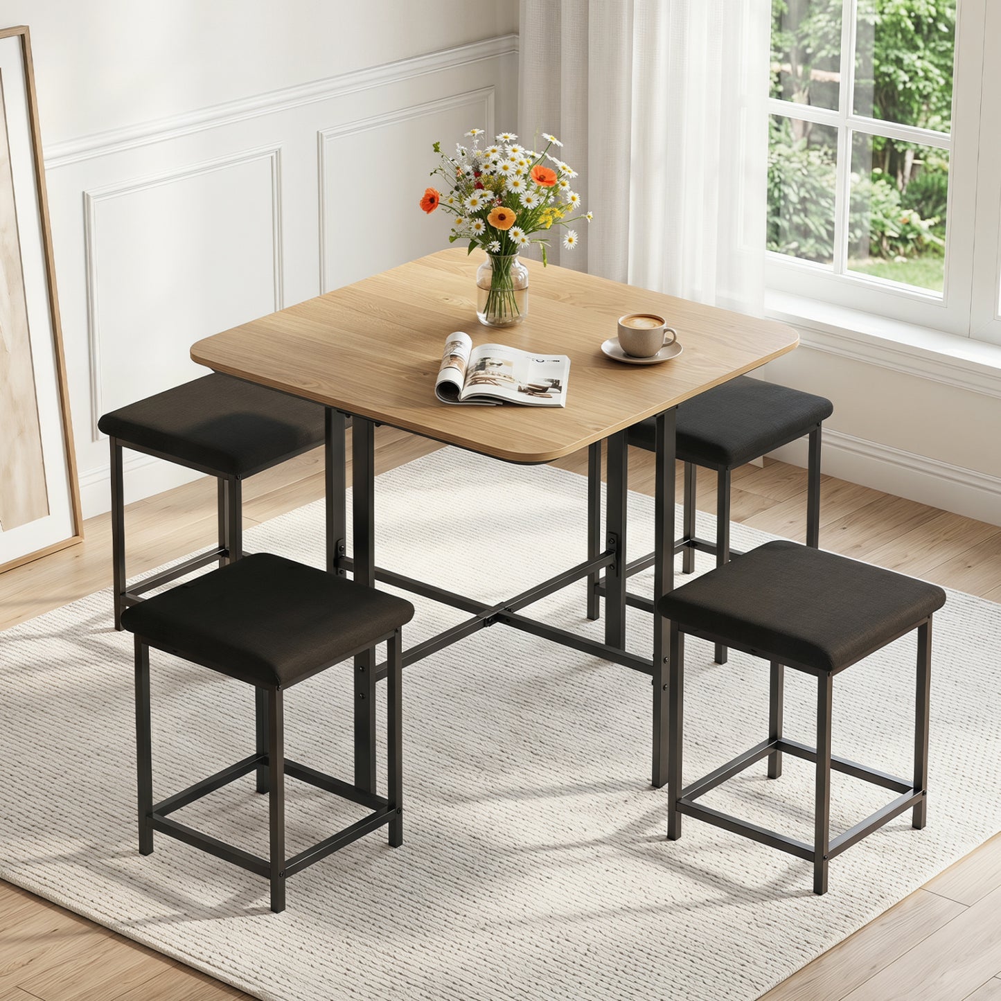 Dining Table Set with 4 Upholstered Stools and Metal Frame, Natural & Black