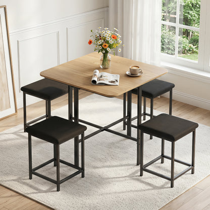 Dining Table Set with 4 Upholstered Stools and Metal Frame, Natural & Black
