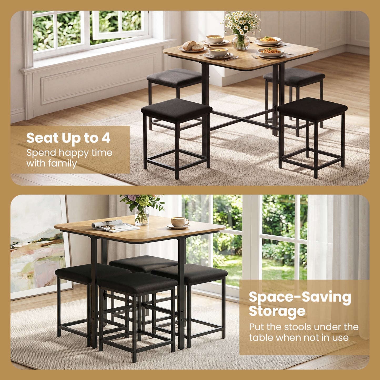 Dining Table Set with 4 Upholstered Stools and Metal Frame, Natural & Black