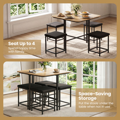 Dining Table Set with 4 Upholstered Stools and Metal Frame, Natural & Black
