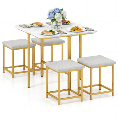 Dining Table Set with 4 Upholstered Stools and Metal Frame, White