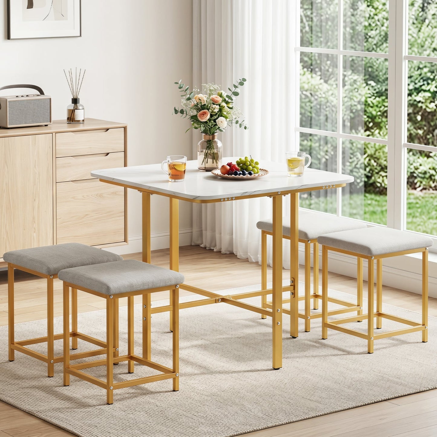 Dining Table Set with 4 Upholstered Stools and Metal Frame, White
