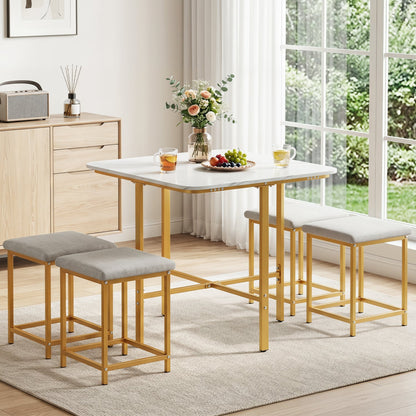 Dining Table Set with 4 Upholstered Stools and Metal Frame, White