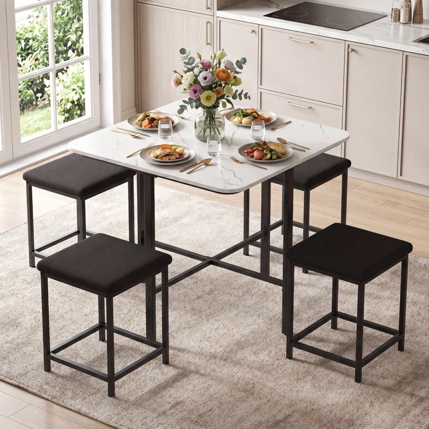 Dining Table Set with 4 Upholstered Stools and Metal Frame, White Dining Room Sets at Gallery Canada