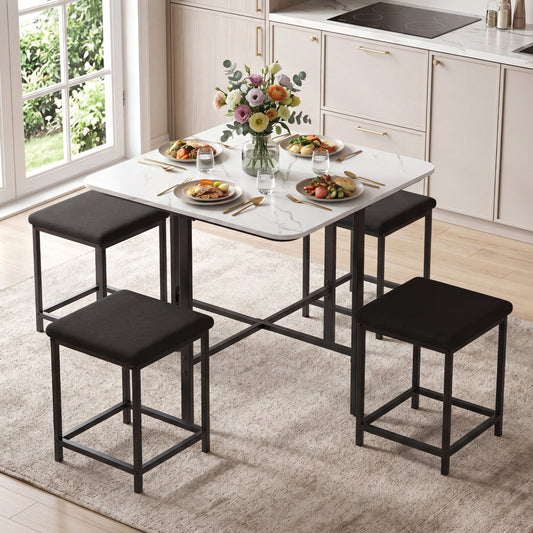 Dining Table Set with 4 Upholstered Stools and Metal Frame, White Dining Room Sets White at Gallery Canada