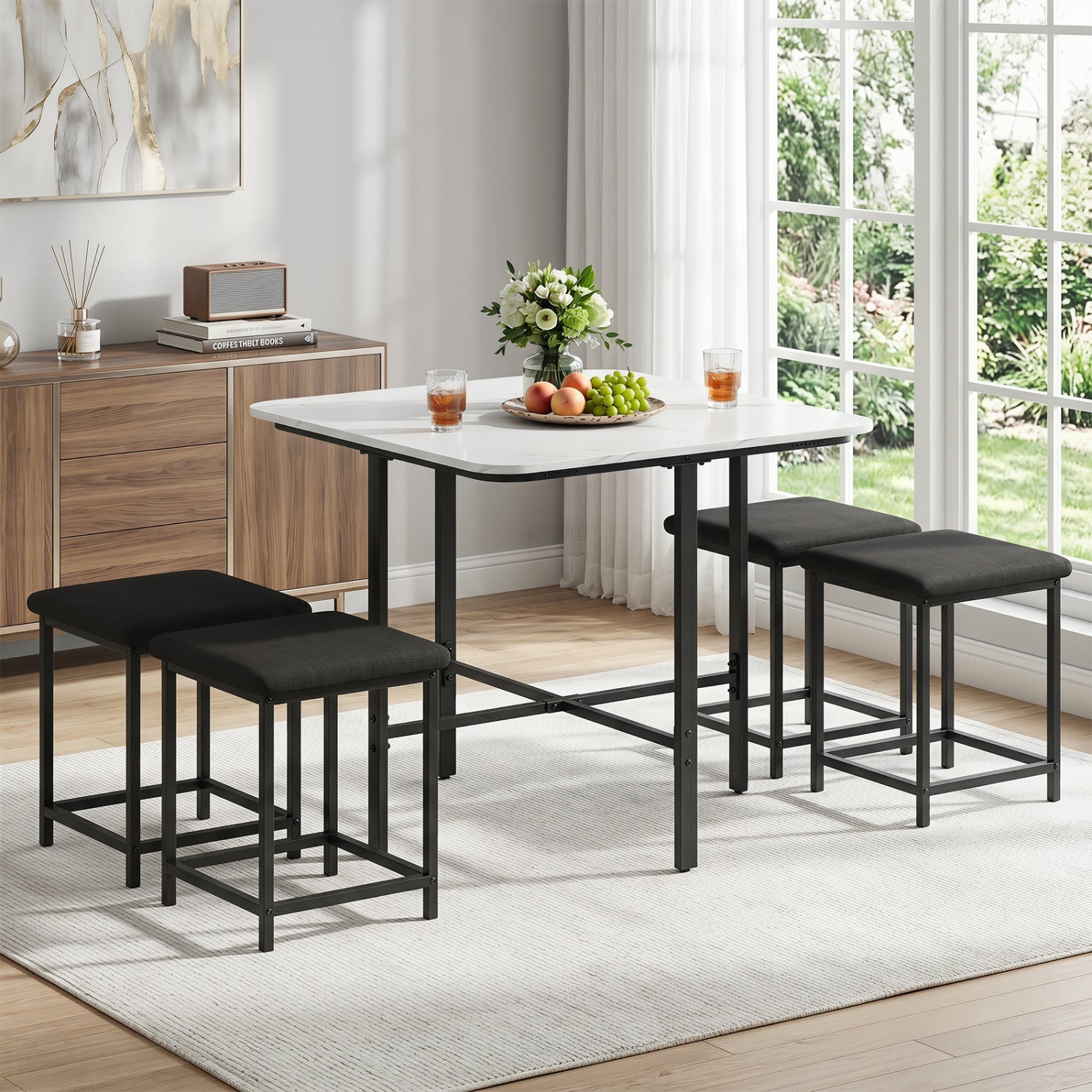 Dining Table Set with 4 Upholstered Stools and Metal Frame, White Dining Room Sets at Gallery Canada