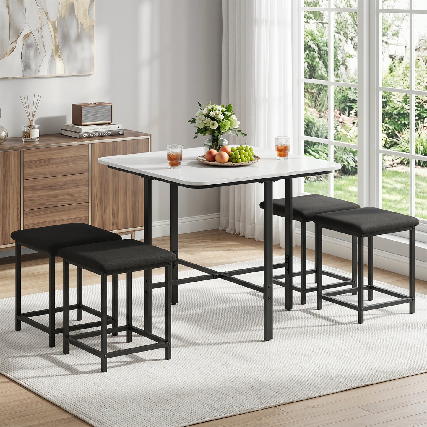 Dining Table Set with 4 Upholstered Stools and Metal Frame, White Dining Room Sets at Gallery Canada