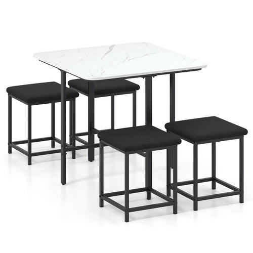 Dining Table Set with 4 Upholstered Stools and Metal Frame, White