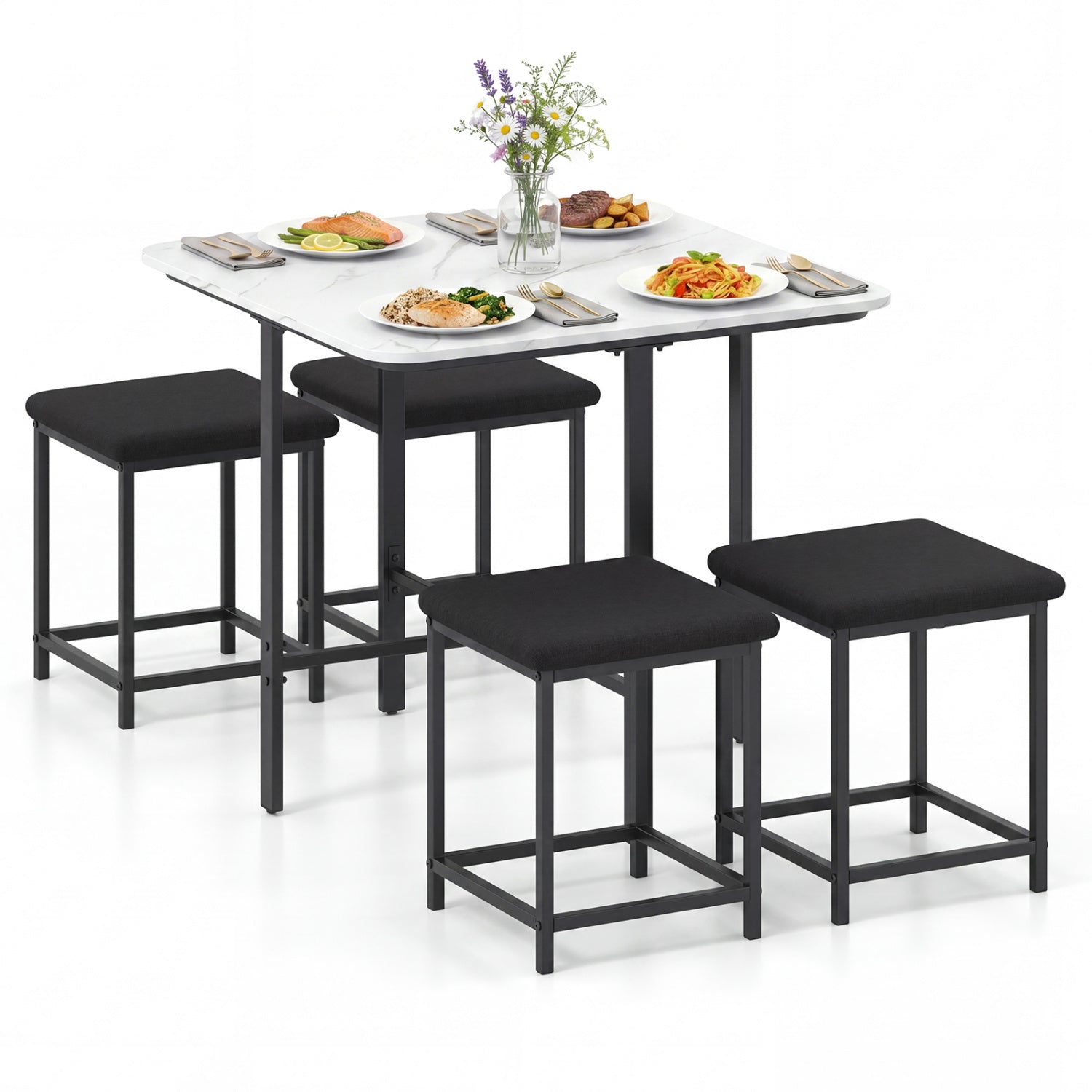 Dining Table Set with 4 Upholstered Stools and Metal Frame, White Dining Room Sets at Gallery Canada