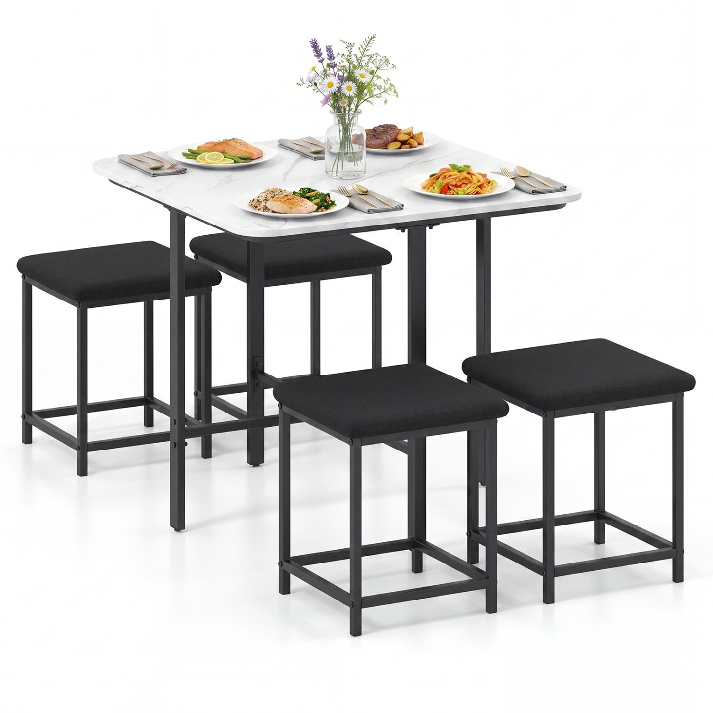 Dining Table Set with 4 Upholstered Stools and Metal Frame, White Dining Room Sets at Gallery Canada