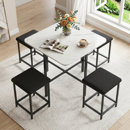 Dining Table Set with 4 Upholstered Stools and Metal Frame, White Dining Room Sets at Gallery Canada